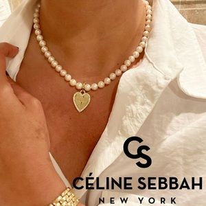 Diamond heart charm pearl necklace